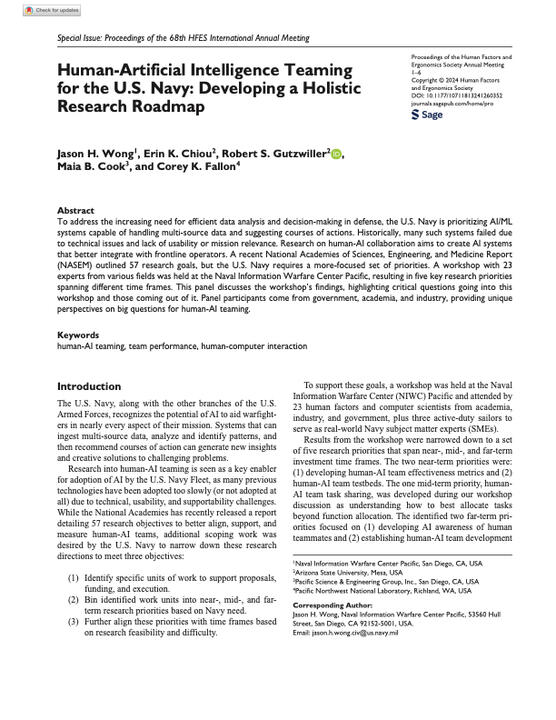 Wong et. al (2024), HFES // Human-AI Teaming Roadmap