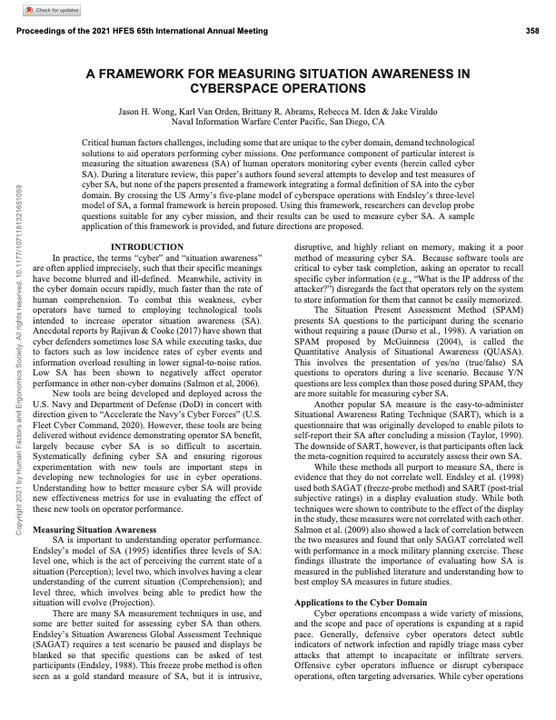 Wong, et. al (2021), HFES // Cyberspace Situation Awareness