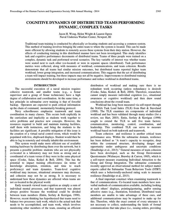 Wong, et. al (2014), HFES // Cognition of Distributed Teams