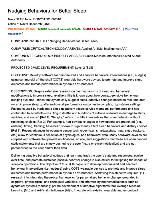 Nudging Behaviors for Better Sleep // ONR STTR FY26.1