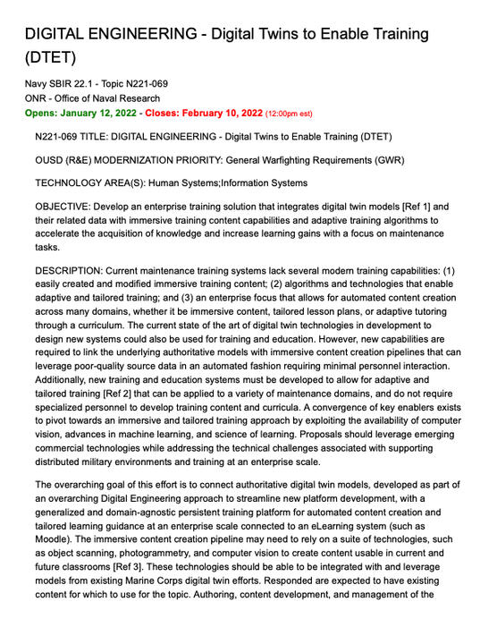 Digital Twins for Training // ONR SBIR FY22.1