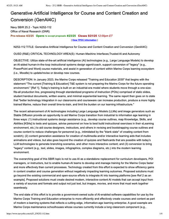 GenAI for Schoolhouses // ONR SBIR FY25.2